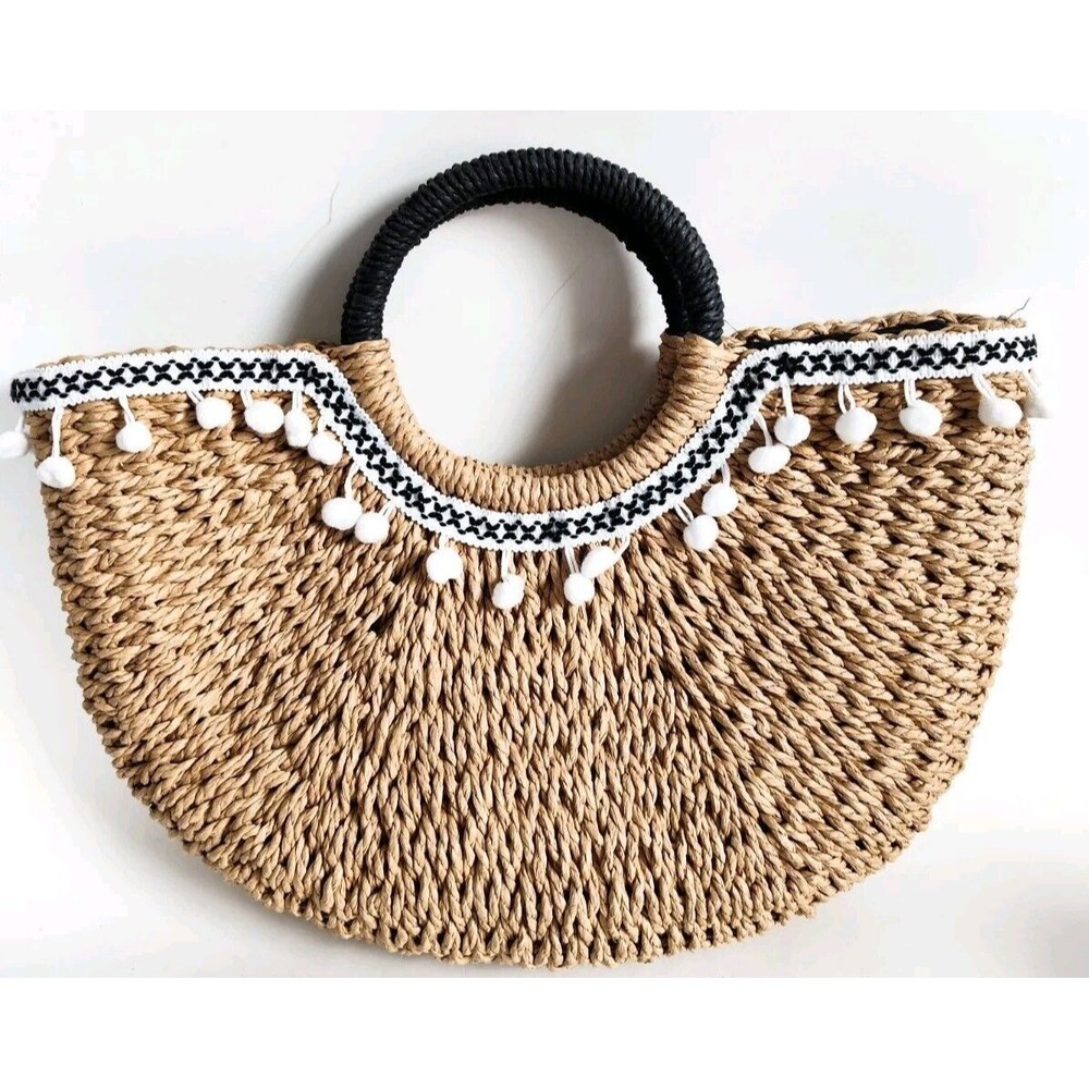 Natural Straw Pom Pom Round Handle Tote - Black Accents